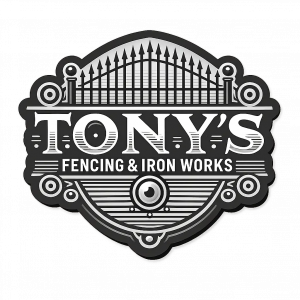 Tony's Fencing and Iron Works Logo, black and white circle with the name of the company and a iron fence around his name