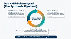 Schaubild zum KMU-Schwungrad von KMU.NETWORK: Kapitalzugang, Wissen, Sichtbarkeit, Content, PR, Leads und Geschäftsanbahnung verstärken sich gegenseitig und führen zu nachhaltigem Wachstum.