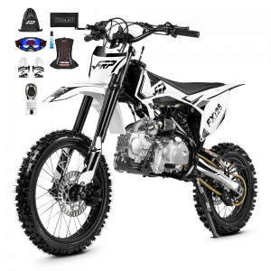 A white FRP Moto FX125 125cc gas dirt bike in side profile on a white background, with an included helmet, goggles, and protective gear kit.