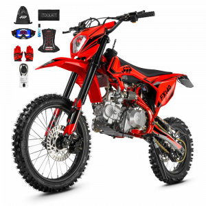 A red FRP Moto FX140 140cc oil-cooled gas dirt bike in side profile on a white background, with an included helmet, goggles, and protective gear kit.