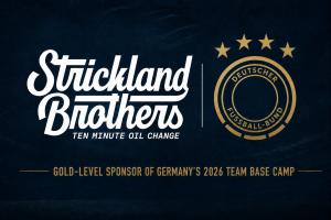 Strickland Brothers 10 Minute Oil Change, one of the nation's fastest-growing quick-lube service companies with roots in Winston-Salem, announced its support as a Gold-Level Sponsor of the Winston-Salem-based Team Base Camp program that will host the German Men's National Team during the FIFA World Cup™ 2026 Strickland Brothers Ten Minute Oil Change logo displayed alongside a gold German football federation emblem on a dark navy textured background. Gold text below reads: “Gold-Level Sponsor of Germany’s 2026 Team Base Camp.” Professional sports sponsorship graphic.