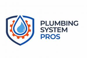 Official Plumbing System Pros logo featuring a blue shield with a water droplet and orange gear icon, alongside the company name in blue and gray lettering, representing residential and commercial plumbing services in Houston, Texas.