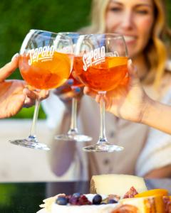 Glasses of Sapelo Aperitivo clinking in celebration of a good night out.