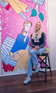 Artist Tanja Playner with artwork Interieur with the striped armchair Nr 1. Pink