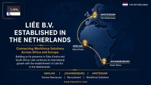 Liée Sarl today announced the establishment of Liée B Corporate announcement graphic showing the establishment of Liée B.V. in the Netherlands, with a map connecting Abidjan, Johannesburg, and Amsterdam to illustrate Liée Sarl's international presence across Africa and Europe.