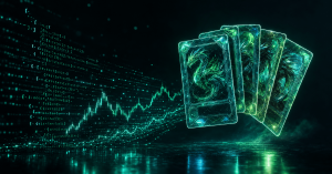 Holographic trading cards above a glowing price chart, representing the TCG Price Lookup real-time trading card price API.
