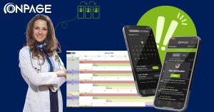 OnPage Clinical Communication and Collaboration system showing a healthcare provider, mobile on-call schedule, a phone app that combines both critical alert notification and HIPAA-compliant messaging, and web-based on-call scheduler.