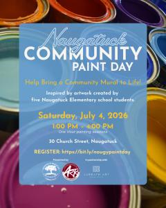 Flyer promoting Naugatuck Through the Eyes of Our Youth Community Paint Day, inviting residents to help paint a public mural inspired by local elementary school student artwork.