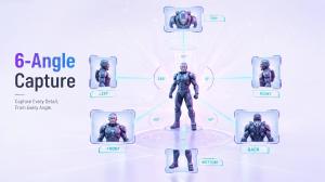 A 3D sci-fi armored character surrounded by six reference capture angles at different degrees, illustrating the Multi-View to 3D generation process.