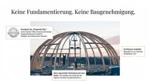 Pavillounge-Kuppel im Aufbau mit Leimholztragwerk, Hinweis auf keine dauerhafte Bodenverbindung, meist vereinfachte Anmeldung beim Bauamt und zertifizierte Stabilität bis Windstärke 12.