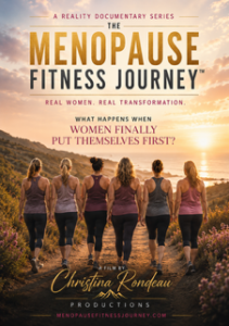 poster of girls walking arm and arm on a beach towards the ocean with text that reads menopause fitness journey