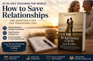 At 93, marriage coach Jim Steffen teaches how one question a day can transform love. Book cover of The 4 Questions to Grow Your Love by Jim and Carol Steffen, with the quote: Love, like every living thing, if it's not growing, it's dying.