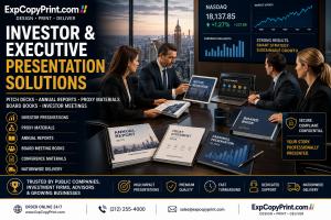 Premium printing solutions for investor relations, annual reports, proxy statements, board presentations, earnings materials, pitch decks, and executive communications.