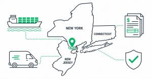 New York, New Jersey, and Connecticut state outlines with port pin, container ship, invoice, and compliance icons representing ClearLane back-office operations for Tri-State freight brokers