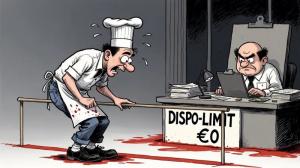 Business-Cartoon: Ein besorgter Koch balanciert unter einer niedrigen Stange vor dem Schreibtisch eines streng blickenden Bankmitarbeiters. An der Tischfront steht „DISPO-LIMIT €0“. Auf dem Boden sind rote Markierungen zu sehen, die den finanziellen Druck