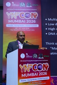 Founder of Dr. Rao's Hospital Highlights Essential SRS Principles for the Next Generation of Neurosurgeons Dr. Mohana Rao Patibandla delivering a lecture on stereotactic radiosurgery at YNFCON 2026 Mumbai, discussing advanced minimally invasive neurosurgical treatment techniques for young neurosurgeons.