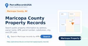 Maricopa County Property Records search page by ParcelRecordsUSA featuring public property information, parcel records, owner details, APN search, and property history resources.