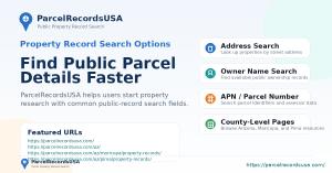 ParcelRecordsUSA property search features showing tools for searching public property records by address, owner name, APN, parcel number, ZIP code, city, and county.