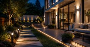 Lumaz today announced the continued expansion of its home lighting collections, reinforcing its position as a comprehensive home lighting retailer offering a wide range of residential lighting solutions for modern living environments Modern home exterior at night with landscape and pathway lighting creating a warm ambient atmosphere, representing Lumaz home lighting solutions for outdoor residential spaces.