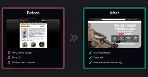 Most ecommerce brands spend thousands driving traffic to pages that quietly bleed conversions Before and after comparison of an ecommerce website homepage showing Digital Position's conversion rate optimization approach. Left panel shows an outdated, text-heavy design with poor visual hierarchy. Right panel shows a modernized layout with bold imag