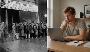 Split image contrasting a 1930s Great Depression unemployment line with a modern professional facing AI job displacement