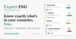 Expert·ING cosmetic ingredient safety platform showing ingredient grades A through F for Niacinamide, Glycerin, Retinol and Cyclohexasiloxane with regulatory sources including EU COSING and Health Canada. Free at experting.app.