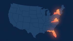 When Johnny Dominguez founded Rex Vets Inc Editorial illustration of US map with FL, NY, and VA highlighted in coral gradient, stethoscope icons over each state. RexVet veterinary telehealth.