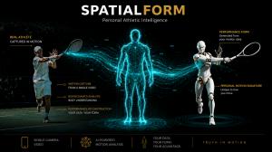 Stylized SpatialForm still frame showing phone sports video transformed into a readable Performance Form movement layer for tennis review.