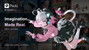 PixAI brand key visual showing an anime-style character in front of a gallery of AI-generated artworks with the text “Imagination, Made Real.”