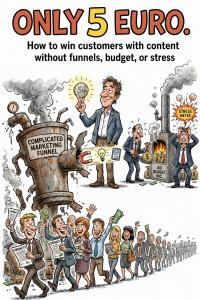 Illustrated book cover titled “Only 5 Euro: How to win customers with content without funnels, budget, or stress.” A confident businessman holds a glowing five-euro coin beside a rusty, smoking machine labeled “Complicated Marketing Funnel,” while stresse