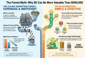 Split-screen infographic titled “The Funnel Myth: Why $5 Can Be More Valuable Than $500,000.” The left side shows a complicated funnel with tangled pipes, high drop-off rates and low returns; the right side shows a simple content path using video, social 