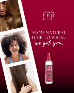 Promotional graphic featuring Simply Stylin' Light Silk Spray alongside images of healthy natural hair and a smooth wig with the message, 