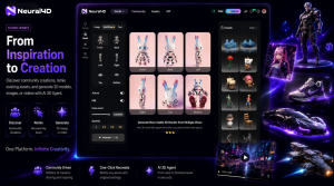 Neural4D Studio update banner showing multi-view 3D model generation, an assets library, and Community, Recreate, and AI 3D Agent features