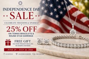 Ouros Jewels Independence Day Sale banner featuring a lab grown diamond pendant, round stud earrings, and tennis bracelet with 25% off and a free solitaire pendant on orders over $999