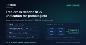 Graphic for UNMIRI's free pathologist tool showing five vendor report formats (Foundation, Tempus, Caris, Guardant, ARUP) converging into one unified read, with chips reading HGVS variants, AMP/ASCO/CAP tiers, FDA companion-diagnostic flags, ClinicalTrial