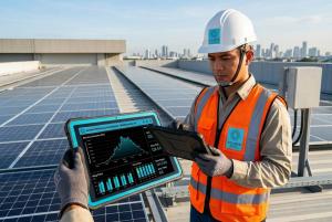 Solaren engineer reviewing project data on a tablet at a solar energy site.