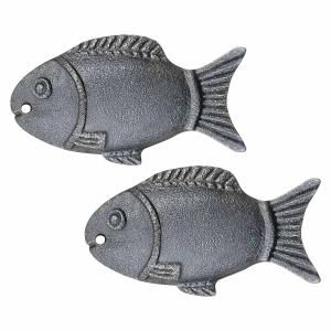 Two black cast iron fish-shaped cooking tools displayed on a light background, designed as reusable iron fish cooking accessories and shown in a pack of two.