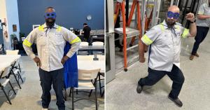Vortex Doors technicians wearing superhero capes and eye masks