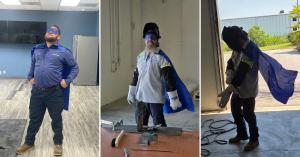 Vortex Doors St. Louis technicians wearing superhero capes and eye masks