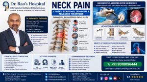 Dr. Mohana Rao Patibandla providing advanced neck pain treatment with MRI diagnosis, cervical disc herniation illustration, minimally invasive endoscopic-assisted spine surgery, and comprehensive cervical spine care at Dr. Rao's Hospital, Guntur.