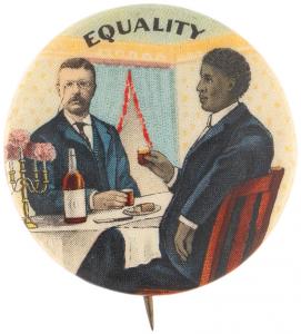 Glossy, well-made button showing a full-color depiction of Theodore Roosevelt and Booker T Washington at a historic October 16, 1901 White House dinner. Sold for $14