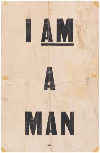 Cardboard placard measuring 13¾ inches by 21¼ inch, with “I Am A Man,” in black ink, corresponding to words used by protestors during the Memphis Sanitation Workers Strike in 1968. Sold for $58,427