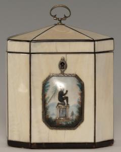 Circa-1820s anti-slavery tortoiseshell and horn octagonal tea caddy with inlaid bone panels and an ornate silver top hinge with a wax figure of a kneeling enslaved figure in chains. Sold for $16,285