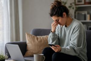 A young woman sits on a couch looking stressed while using her smartphone, with a laptop open beside her, representing growing demand for virtual mental health care in Canada.