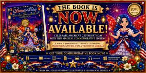 Promotional banner announcing the release of Patriotic Patsy and Fairyland's Grand American Celebration, featuring Patriotic Patsy, the commemorative book cover, America's 250th Birthday celebration, Fairyland, fireworks, and collectible book formats.