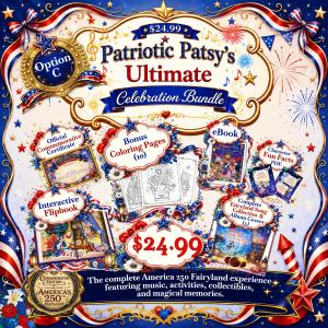 Patriotic Patsy's Ultimate Celebration Bundle featuring an eBook, interactive flipbook, original Fairyland songs, coloring pages, commemorative certificate, character fun facts, and digital collectibles celebrating America's 250th Birthday.