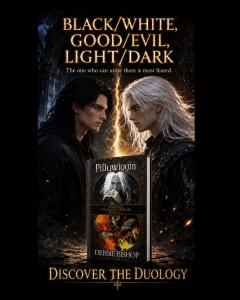 Two young men face each other in profile — one with dark hair, one with white hair — separated by a bolt of golden lightning. The book cover for Pillywiggin: Awakening is centered between them. Text reads: Black/White, Good/Evil, Light/Dark. The one who c
