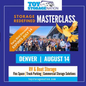 Promotion graphic for Toy Storage Nation Masterclass for educating developers, investors and operators in RV/boat storage, flex space, truck parking and commercial storage