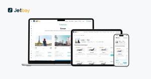 Jetbay private jet charter platform displayed across laptop, tablet, and smartphone showing fixed-price European routes and aircraft categories