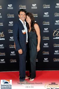 Dr. Bobby Fano and Brandi Fano of Vertical Chiropractic Sarasota at the 2026 Sarasota Business Awards red carpet gala, officially recognized as a Small Business of the Year Finalist by the Greater Sarasota Chamber of Commerce